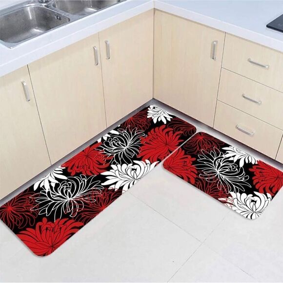 COPY - 2 Piece Non-Slip Waterproof Kitchen Runner Mat Set, Chrysanthemum Flower - Picture 2 of 6
